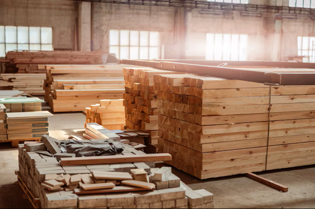 Piles de planches et poutres en bois massif entreposées dans un entrepôt lumineux.