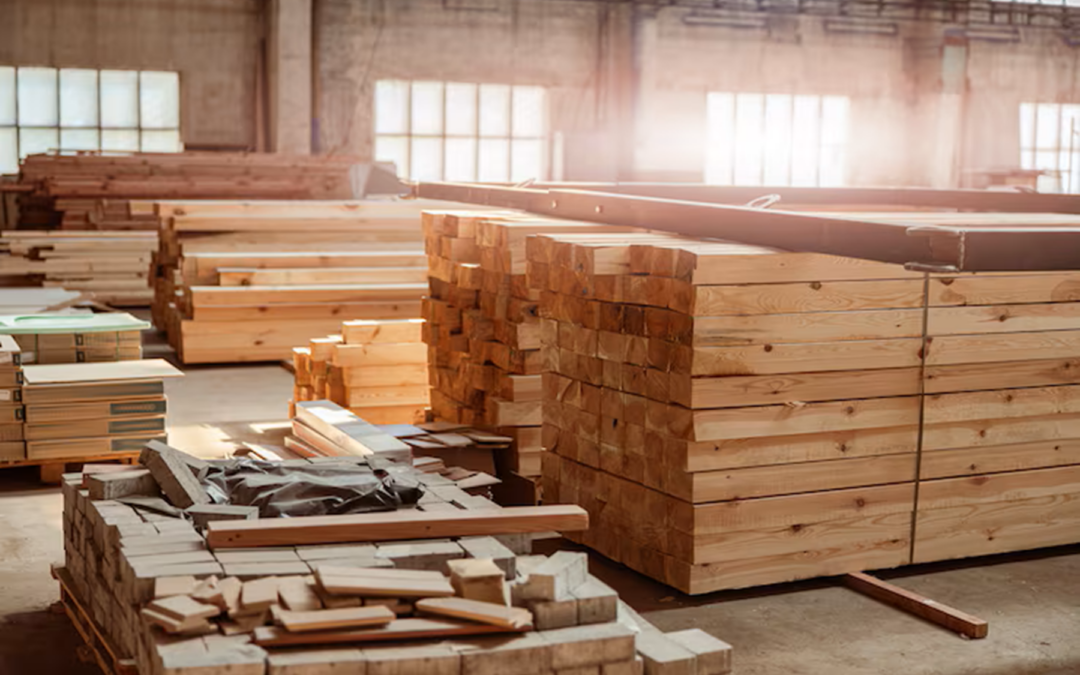 Piles de planches et poutres en bois massif entreposées dans un entrepôt lumineux.